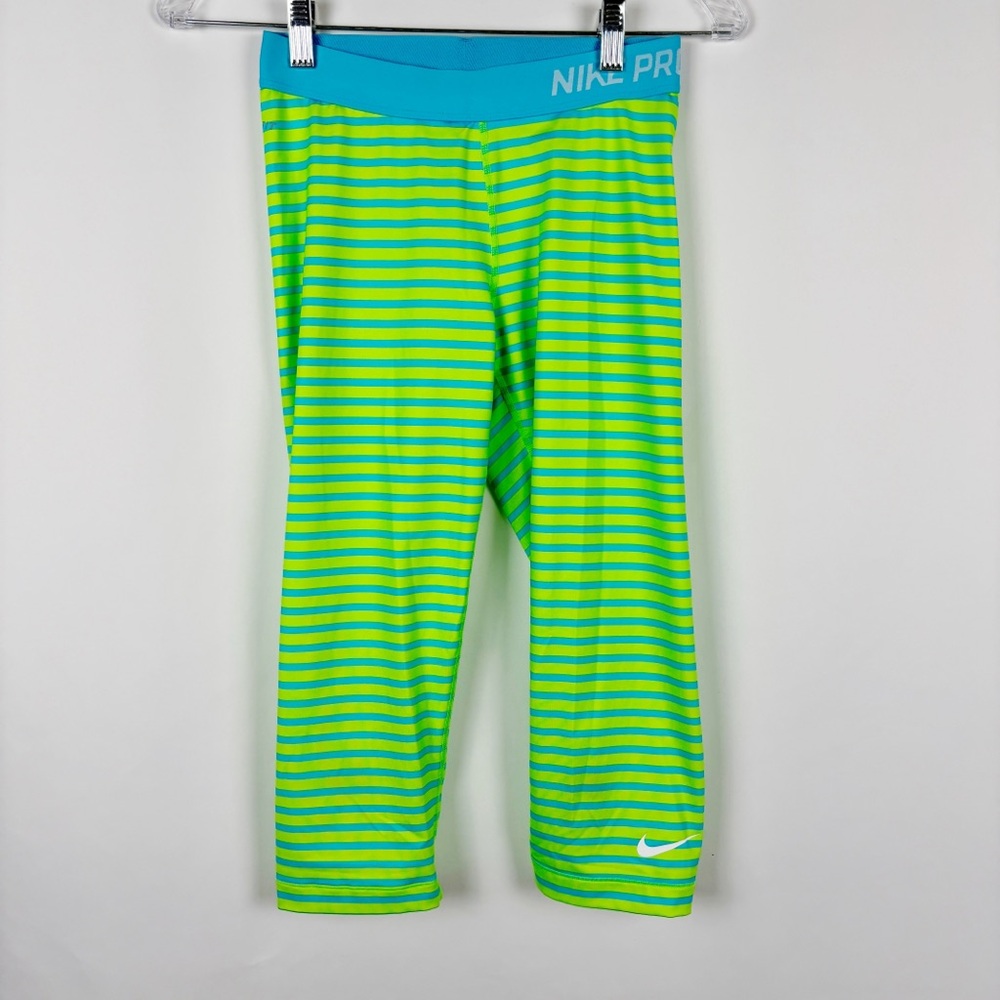 Nike Pro Dri-Fit Blue Striped Neon Lime Green Women Leggings - Size M